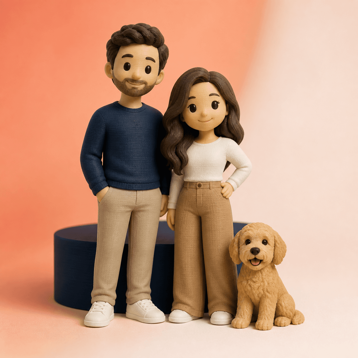 Miniaturas personalizadas de um casal e um cão